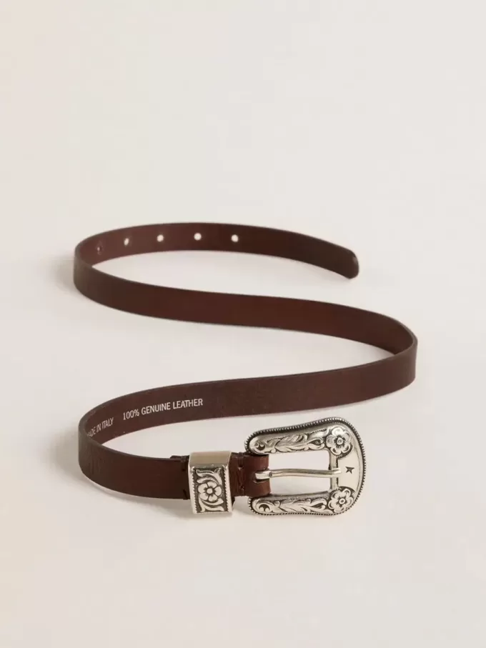 Cintura da donna in pelle marrone scuro con fibbia decorata in argento Cintura da donna in pelle marrone scuro con fibbia decorata in argento