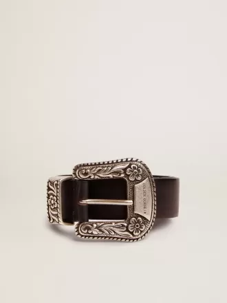 Cintura da donna in pelle nera con fibbia decorata in argento