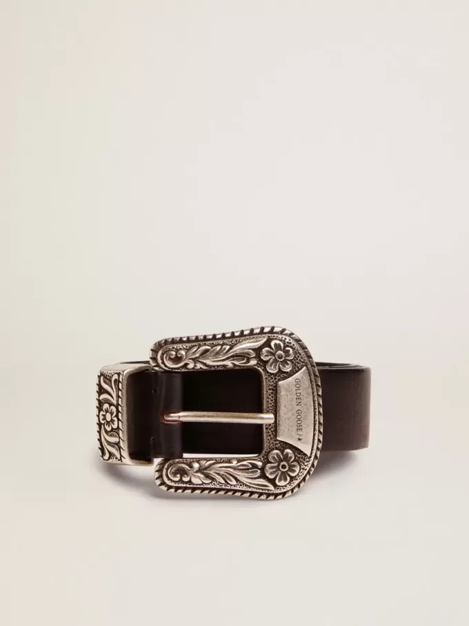 Cintura da donna in pelle nera con fibbia decorata in argento Cintura da donna in pelle nera con fibbia decorata in argento