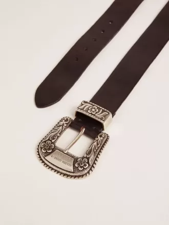 Cintura da donna in pelle nera con fibbia decorata in argento