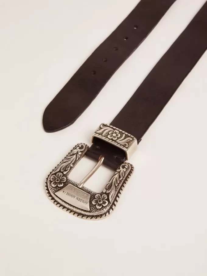 Cintura da donna in pelle nera con fibbia decorata in argento Cintura da donna in pelle nera con fibbia decorata in argento