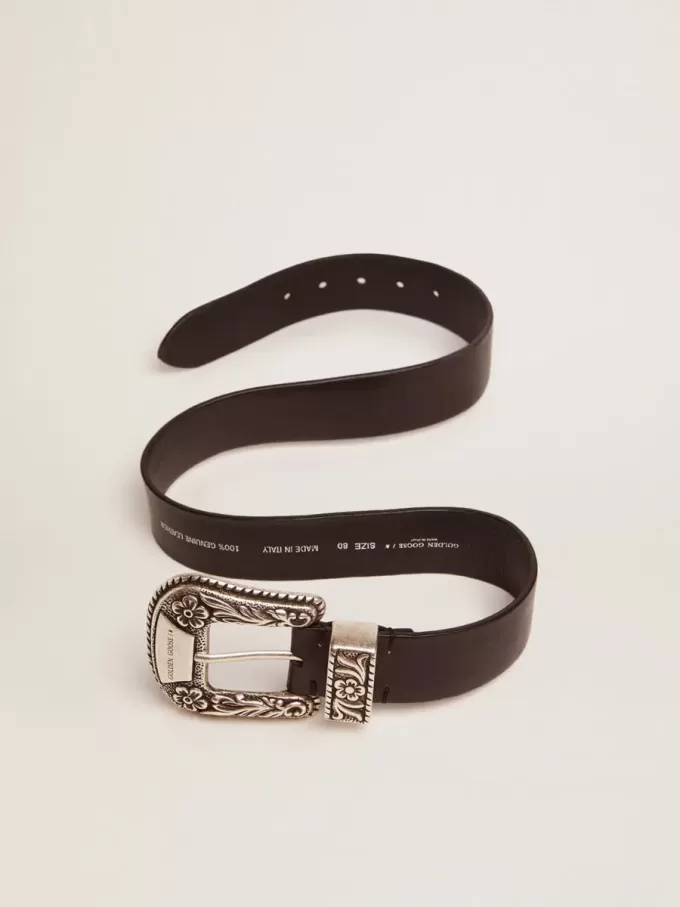 Cintura da donna in pelle nera con fibbia decorata in argento Cintura da donna in pelle nera con fibbia decorata in argento