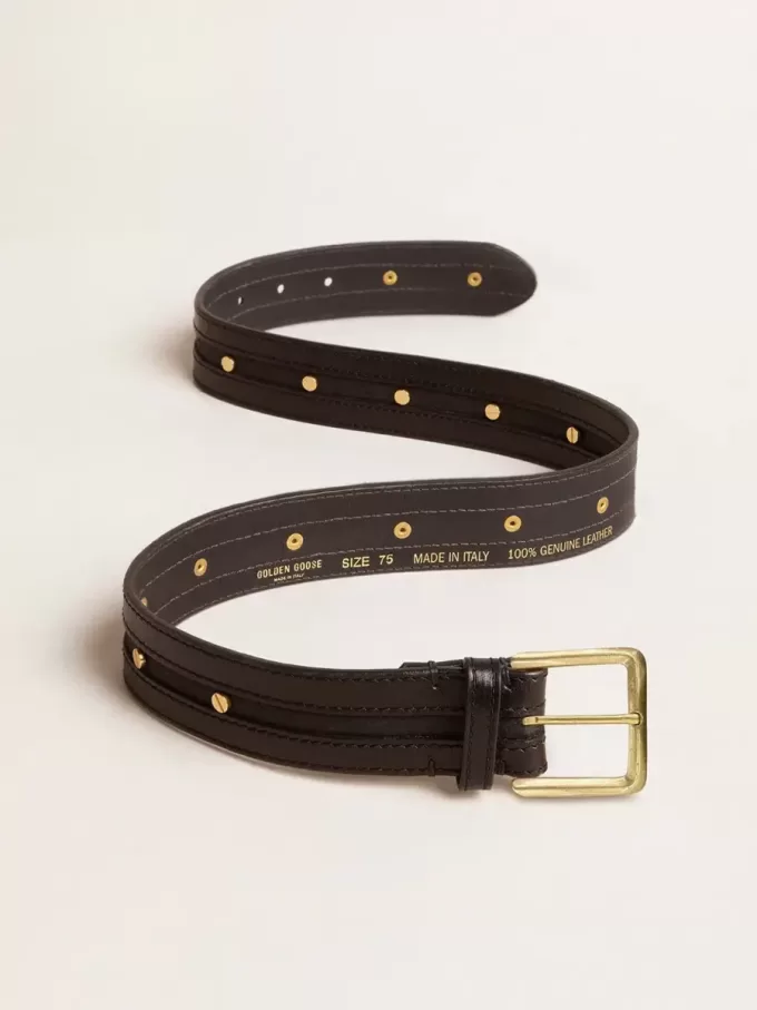 Cintura da donna nera in pelle lavata con borchie dorate