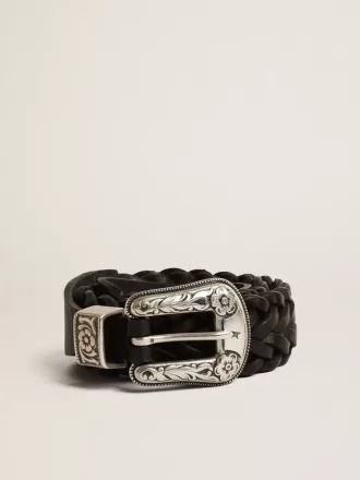Cintura in pelle intrecciata nera con fibbia color argento