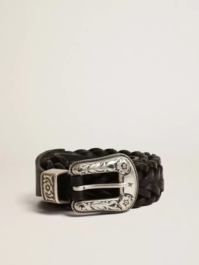 Cintura in pelle intrecciata nera con fibbia color argento Cintura in pelle intrecciata nera con fibbia color argento