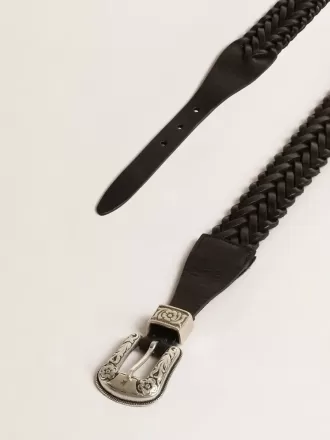 Cintura in pelle intrecciata nera con fibbia color argento