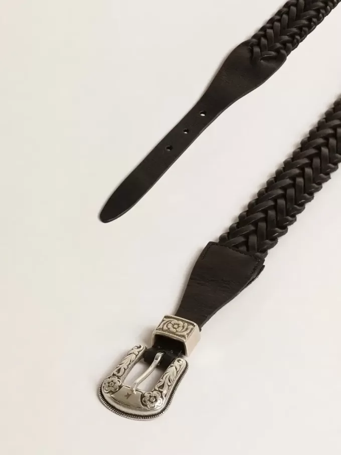 Cintura in pelle intrecciata nera con fibbia color argento Cintura in pelle intrecciata nera con fibbia color argento