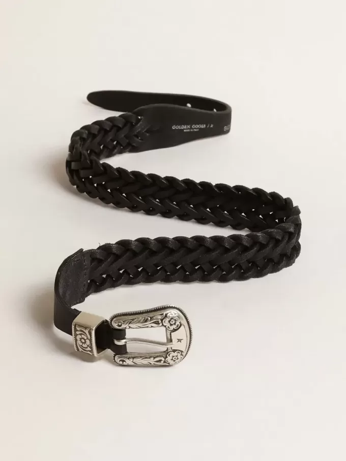 Cintura in pelle intrecciata nera con fibbia color argento Cintura in pelle intrecciata nera con fibbia color argento