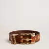 Cintura in pelle marrone con borchie floreali dorate e inserti color ambra