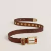 Cintura in pelle marrone con borchie floreali dorate e inserti color ambra