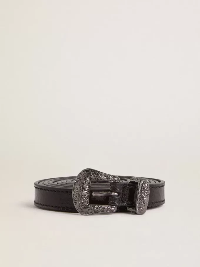 Cintura in pelle nera con fibbia argentata Cintura in pelle nera con fibbia argentata