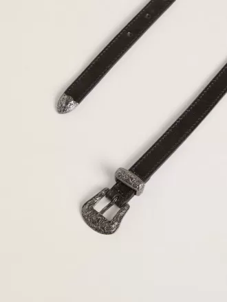 Cintura in pelle nera con fibbia argentata