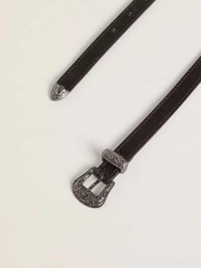 Cintura in pelle nera con fibbia argentata Cintura in pelle nera con fibbia argentata