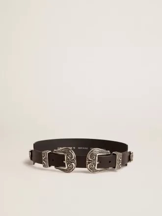 Cintura nera in pelle lavata con doppia fibbia color argento