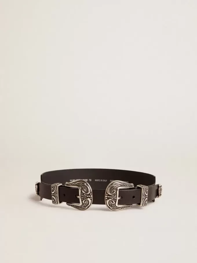 Cintura nera in pelle lavata con doppia fibbia color argento Cintura nera in pelle lavata con doppia fibbia color argento