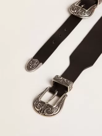 Cintura nera in pelle lavata con doppia fibbia color argento