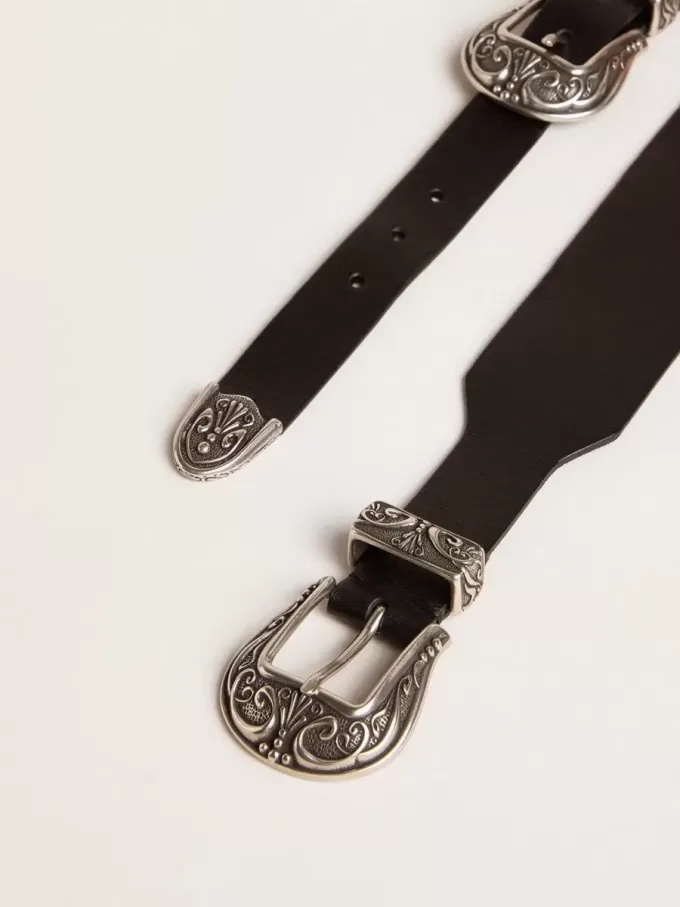 Cintura nera in pelle lavata con doppia fibbia color argento Cintura nera in pelle lavata con doppia fibbia color argento