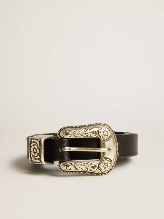 Cintura nera in pelle lavata con fibbia color argento Cintura nera in pelle lavata con fibbia color argento