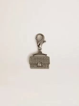 Ciondolo a forma di borsellino in ottone color argento con cristalli