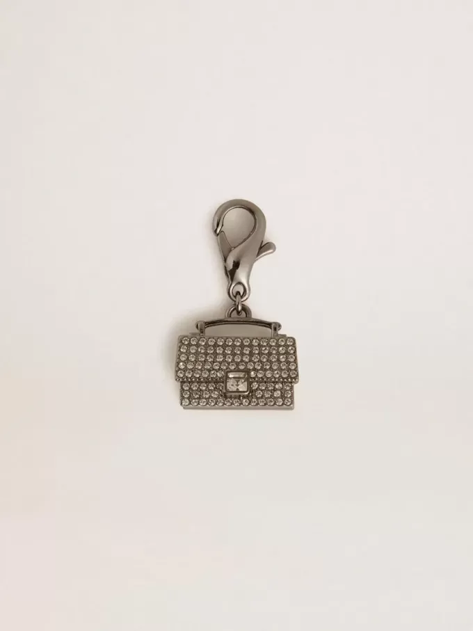 Ciondolo a forma di borsellino in ottone color argento con cristalli