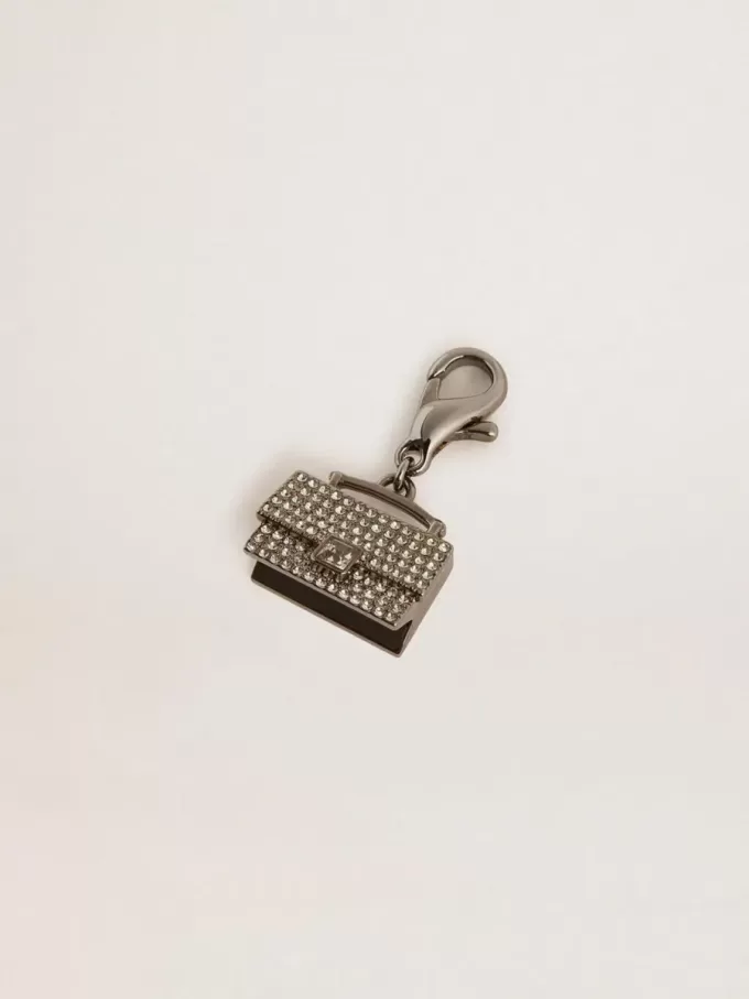 Ciondolo a forma di borsellino in ottone color argento con cristalli