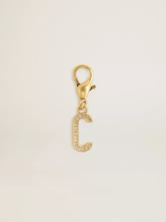 Ciondolo a forma di lettera C in ottone color oro con cristalli