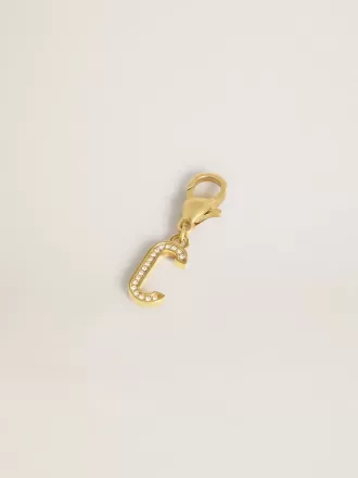 Ciondolo a forma di lettera C in ottone color oro con cristalli