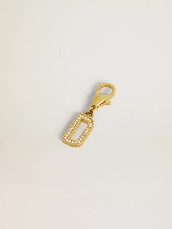 Ciondolo a forma di lettera D in ottone dorato con cristalli Ciondolo a forma di lettera D in ottone dorato con cristalli