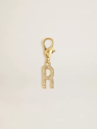 Ciondolo a forma di lettera R in ottone color oro con cristalli