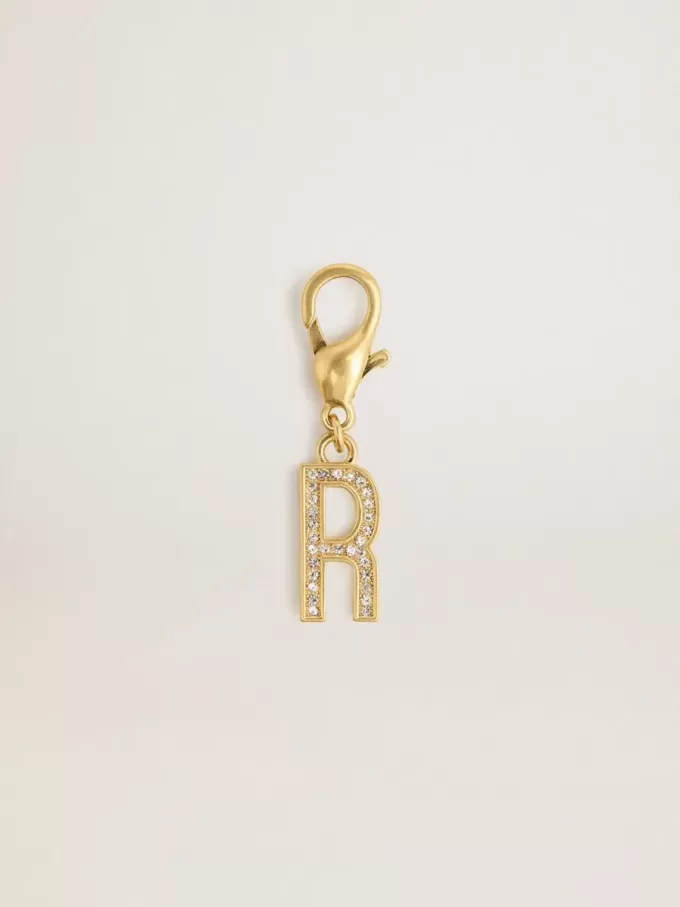 Ciondolo a forma di lettera R in ottone color oro con cristalli