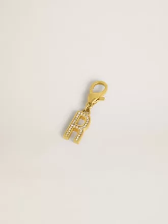 Ciondolo a forma di lettera R in ottone color oro con cristalli