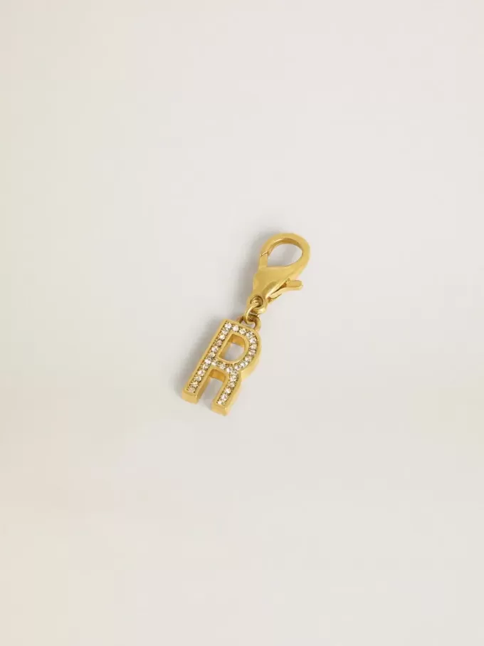 Ciondolo a forma di lettera R in ottone color oro con cristalli