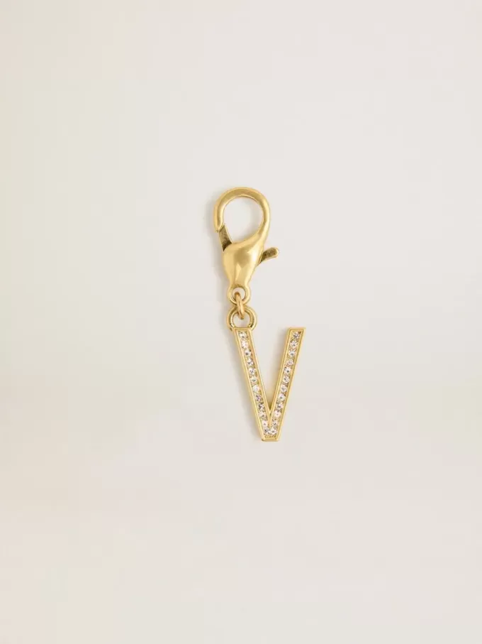 Ciondolo a forma di lettera V in ottone dorato con cristalli Ciondolo a forma di lettera V in ottone dorato con cristalli