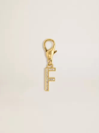 Ciondolo lettera F in ottone color oro con cristalli