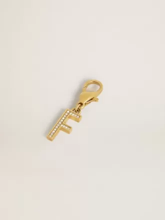 Ciondolo lettera F in ottone color oro con cristalli