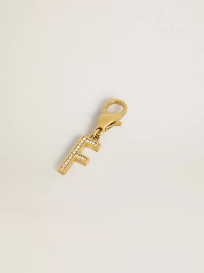 Ciondolo lettera F in ottone color oro con cristalli Ciondolo lettera F in ottone color oro con cristalli