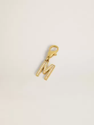 Ciondolo lettera M in ottone dorato con cristalli