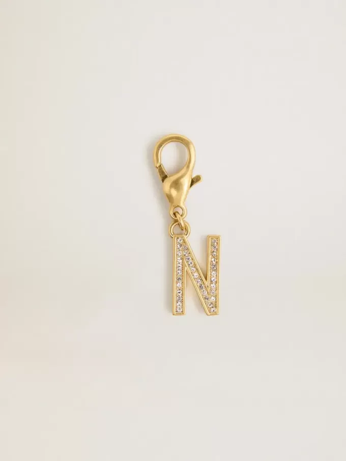 Ciondolo lettera N in ottone dorato con cristalli