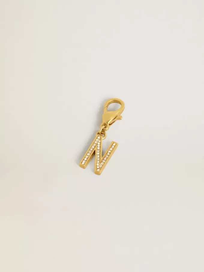 Ciondolo lettera N in ottone dorato con cristalli