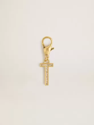 Ciondolo lettera T in ottone color oro con cristalli