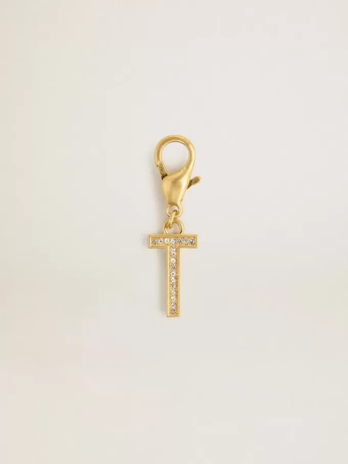 Ciondolo lettera T in ottone color oro con cristalli