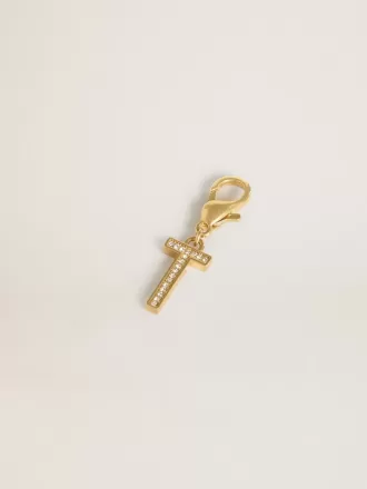 Ciondolo lettera T in ottone color oro con cristalli