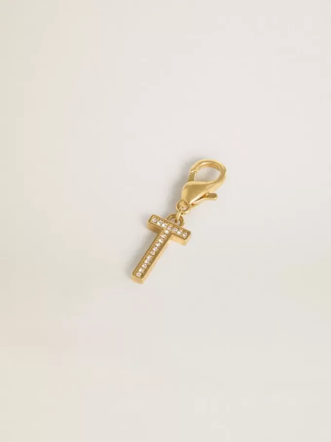Ciondolo lettera T in ottone color oro con cristalli