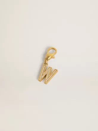 Ciondolo lettera W in ottone dorato con cristalli