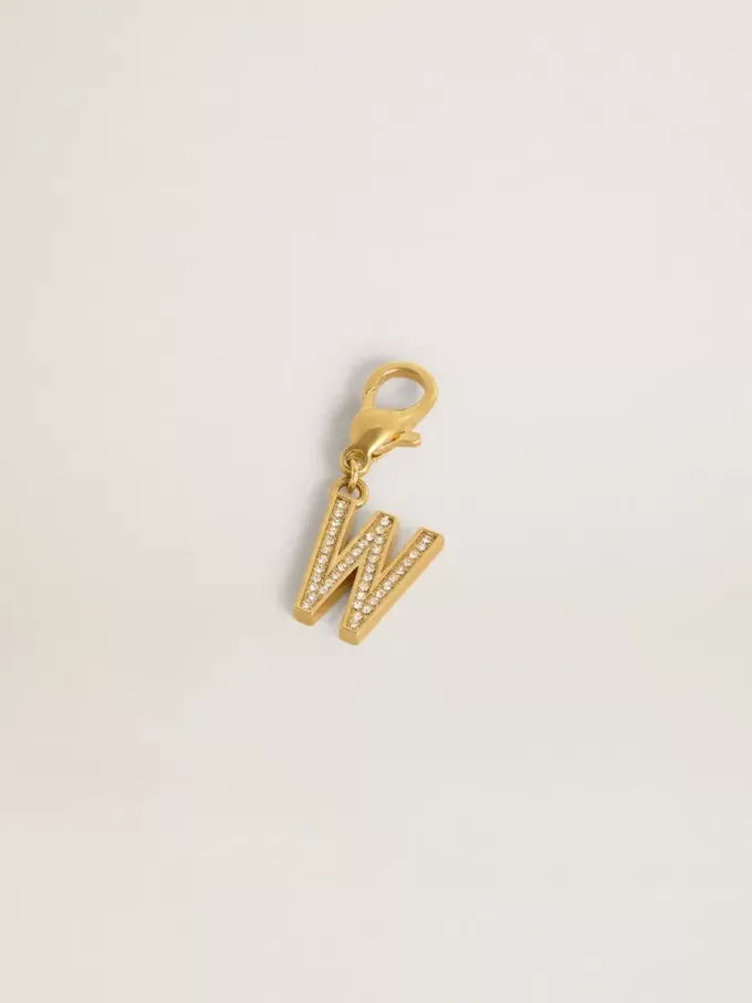 Ciondolo lettera W in ottone dorato con cristalli Ciondolo lettera W in ottone dorato con cristalli