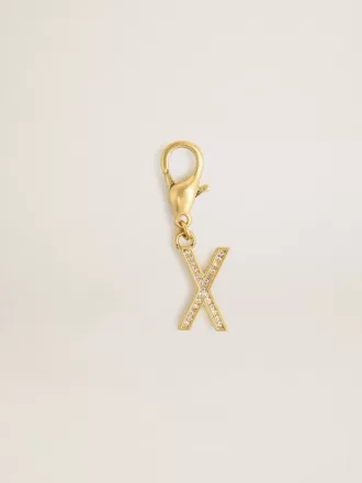 Ciondolo lettera X in ottone dorato con cristalli
