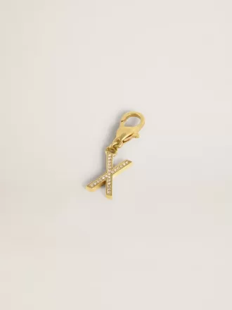 Ciondolo lettera X in ottone dorato con cristalli