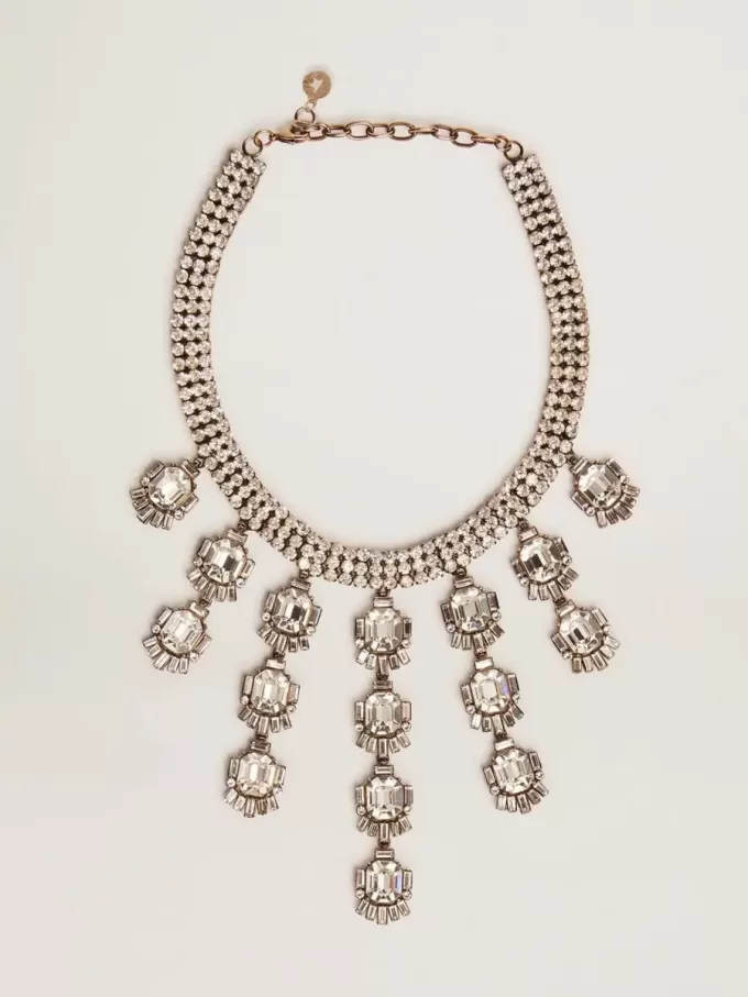 Collana da donna color oro antico con cristalli a goccia