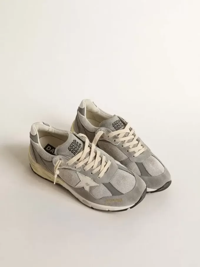 Dad-Star da donna in pelle scamosciata e mesh argentato con stella e linguetta sul tallone in pelle bianca Dad-Star da donna in pelle scamosciata e mesh argentato con stella e linguetta sul tallone in pelle bianca