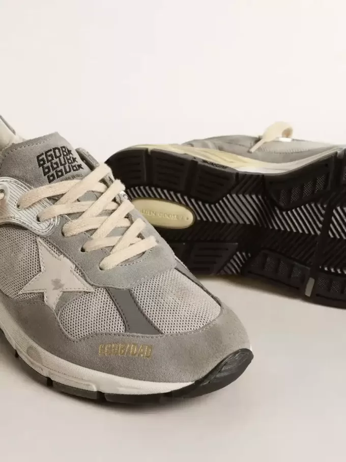 Dad-Star da donna in pelle scamosciata e mesh argentato con stella e linguetta sul tallone in pelle bianca Dad-Star da donna in pelle scamosciata e mesh argentato con stella e linguetta sul tallone in pelle bianca